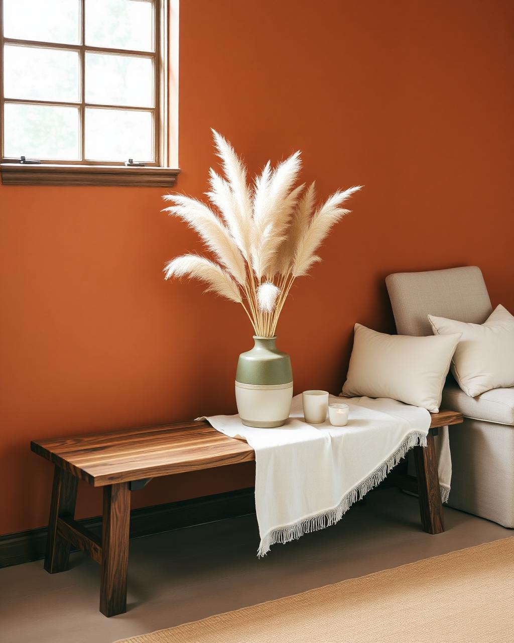 Bolsters and folded blankets stacked against a warm plaster wall