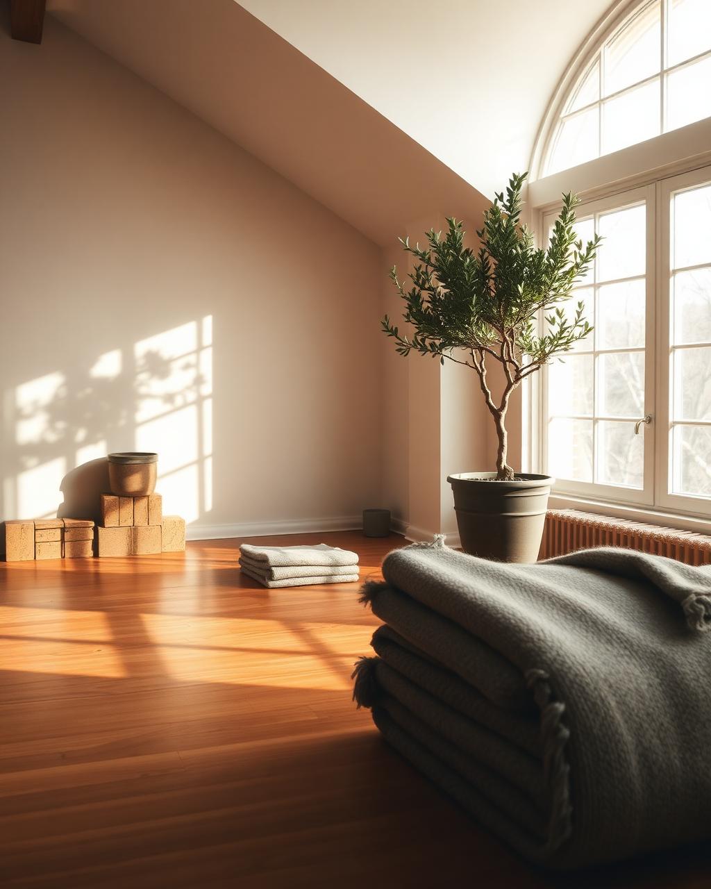Folded wool blankets and cork blocks on a hardwood floor by an olive tree.