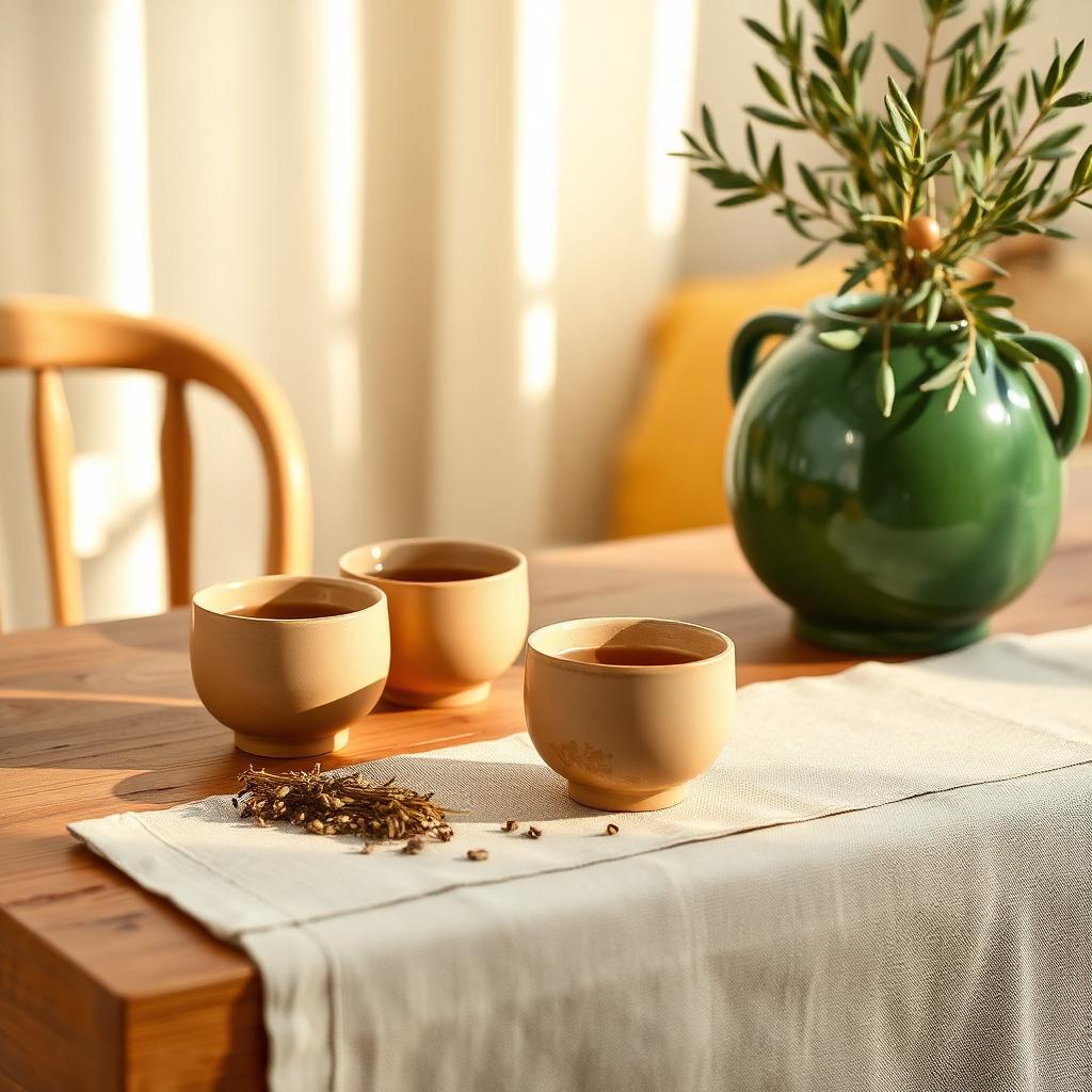 Tea poured into a small ceramic cup on a wooden table
